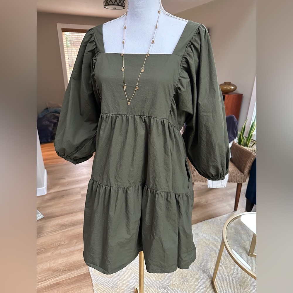 A new day boho elbow puff sleeve smocked elastic back tiered midi dress